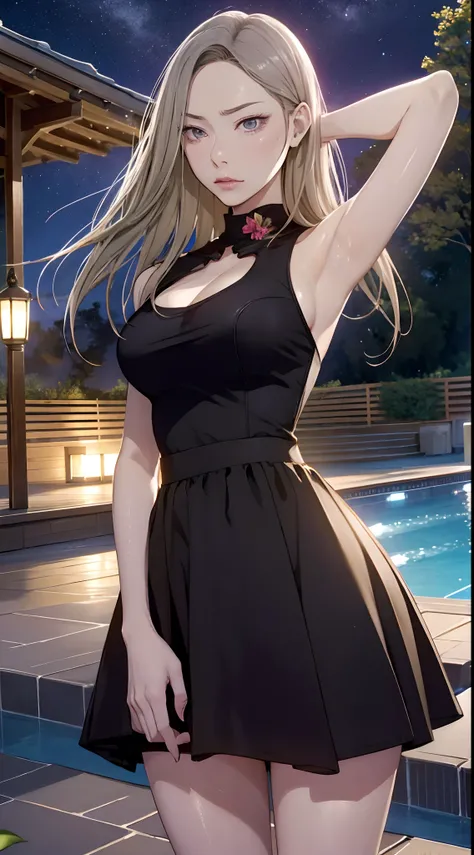 Best Quality, high_resolution, Distinct_image, Detailed background ,girl, Random wear,flower, nigh sky,Dutch Angle, Wide Shot,Glamorous Sky、Sky、nigh sky、Night Pool、Dark cold lighting below、