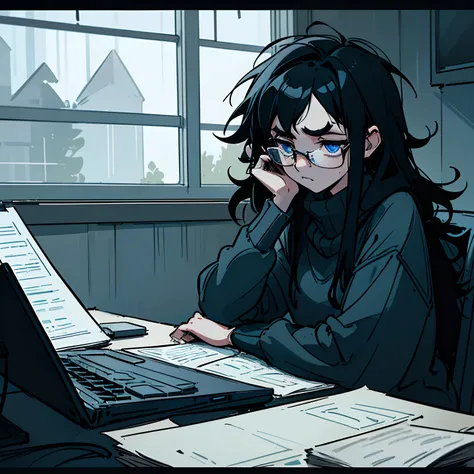 volumetric lighting, ambient lighting, highres, masterpiece, 8k, (dark blue eyes), tired, melancholy, depressed, detailed black hair, (messy hair), long hair, disheveled, unwashed, thick eyebrows, black sweater, (wearing glasses), rainy window in backgroun...