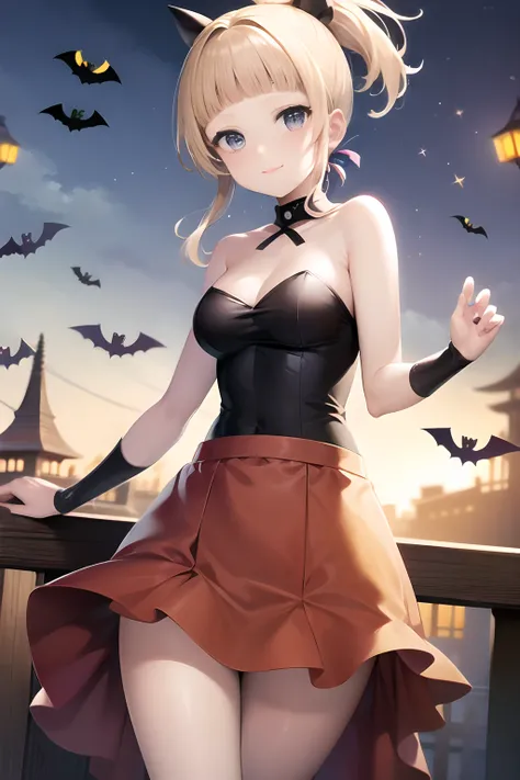 Halloween, ((Halloween Costumes:1.5)), ((skirt by the:1.5)), BREAK, very detailed face and eyes, ((Kyoto Animation Style)), super precision, masterpiece, very extremely beautiful, Princess Face, shorth hair, Straight hair, a blond, ((Short ponytail:1.5))...