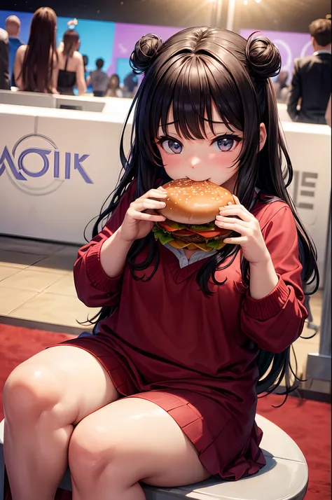 The slightly chubby beautiful girl sits on the red carpet and eats delicious with her mouth open(hamburger)