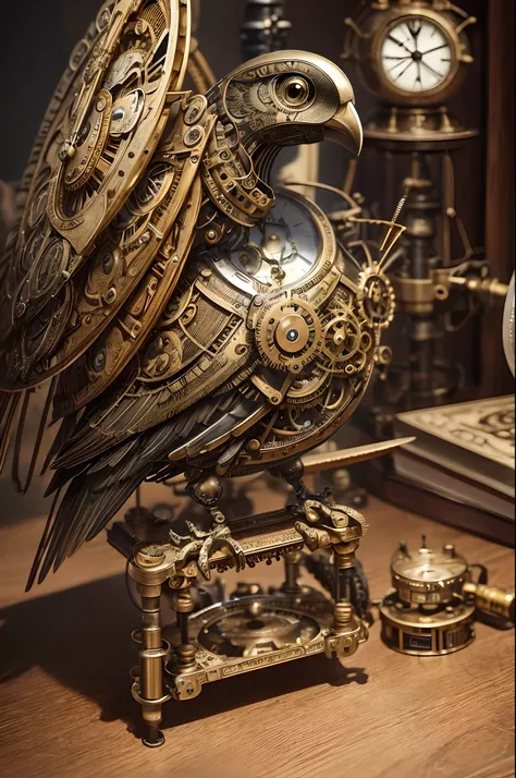 here is a bird with a clock on its head sitting on a table, mechanical bird, digital steampunk art, mechanical cute bird, steampunk art, detailed steampunk illustration, high quality steampunk art, steampunk digital art, highly detailed digital art, steamp...