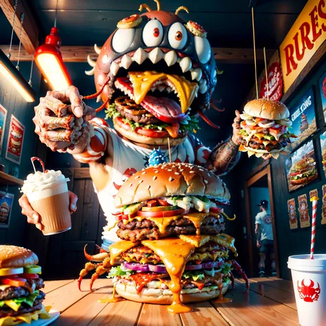 Allafer Hamburg，Crab legs and a large crab, Burger monster, Tentacles wrapped around a burger, crab monster, crabcore, Rolands Zilvinskis 3D rendering art, giant crab, inspired by Ryan Barger, headcrab, inspired by Brian Despain, author：Patrick Brown, Hear...