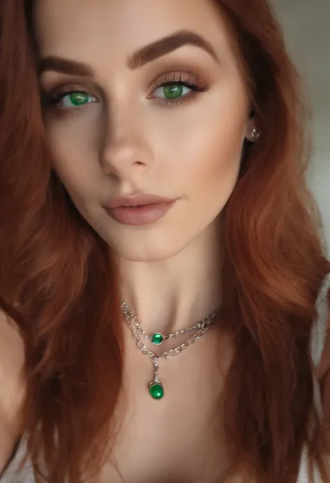 arafed woman with a white tank top and a necklace, sexy girl with green eyes, portrait sophie mudd, red hair and large eyes, selfie of a young woman, bedroom eyes, violet myers, without makeup, natural makeup, looking directly at the camera, face with artg...