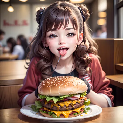 Comfortable and relaxing posture(A high resolution:1.2),sportrait,Beautiful girl,Big mouth,(hamburger)In front of you,Curly and fluffy hair,Vivid colors,soft and warm lighting,joyful expressions,chubby cheeks,Prepare to bite into a burger,Juicy burger,Deli...