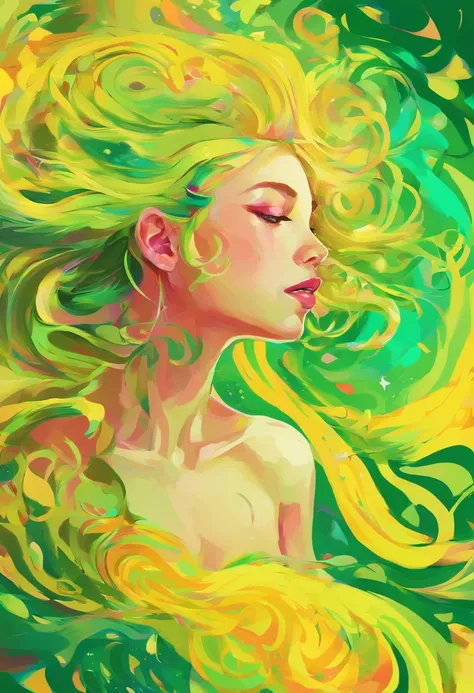 ((top-quality, 8K)), (Realistic), (Face Focus: 1.1), (Yellow and green: 1.3), Kawaii Girl, Hair fluttering in the wind, Facing to the side, (nudde: 1.1)、D Cup Breasts、