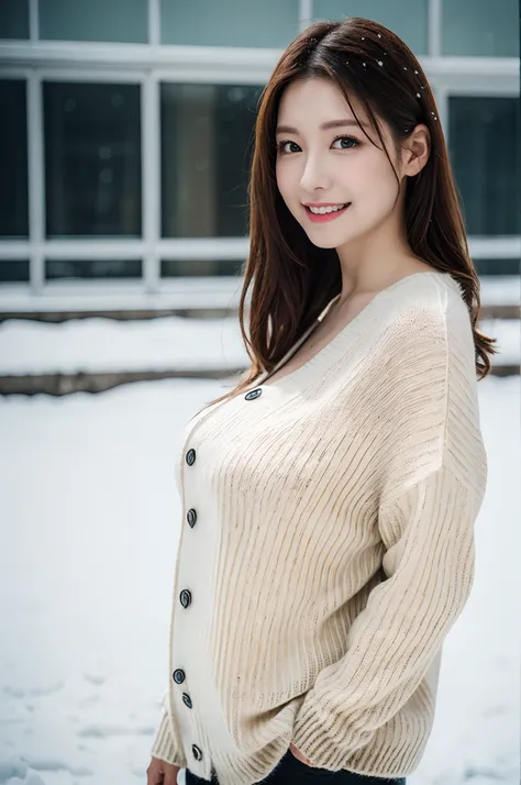 Winter scene、Snow Run、snowfall、((Oversized sweaters、leggins))、depth of fields，Real Light，Ray traching，OC Renderer，UE5 Renderer，Hyper-realistic，best qualtiy，8K，Works of masters，super-fine，Correct anatomy、Asian Women, (8K、RAW Photos、top-quality、​masterpiece:...