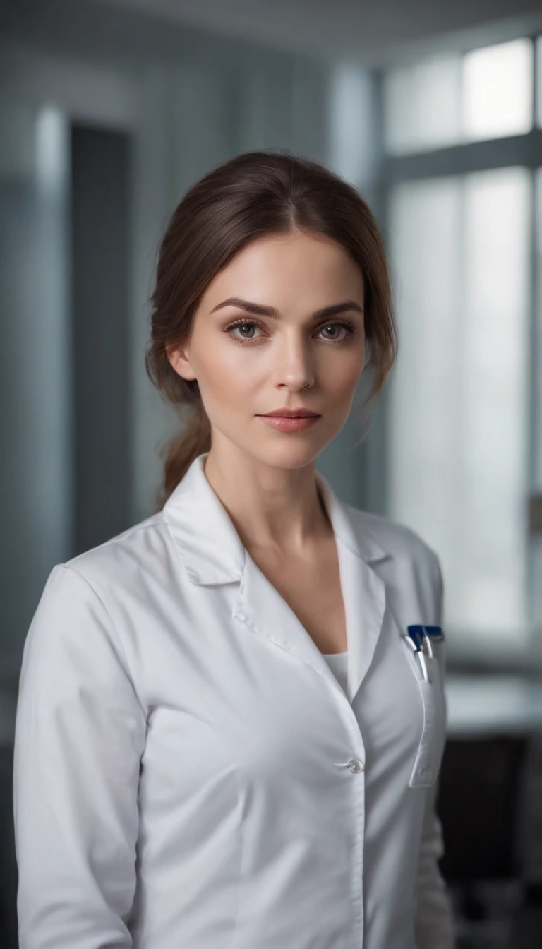 femme, doctor, cheveux courts broen, Pretty American Woman,27 ans, Behind the desk, longue blouse blanche, gentil snile, standing well in front of the camera, background: Dark Hospital ,