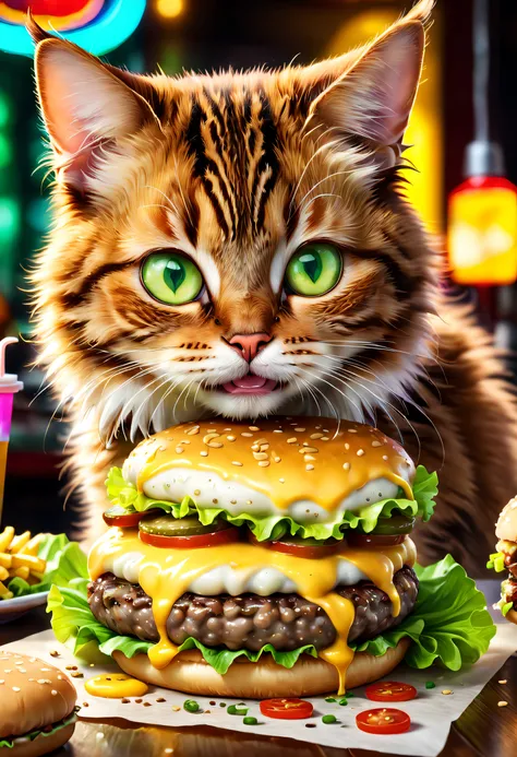 Best quality,Realistic,Photorealistic:1.37,Tom Cat,hamburgers,food,Cute,Playful,Whiskers,Green eyes,Brown fur,Focused eyes,Hungry expression,Fluffy,Juicy beef patties,Cheese,melted cheese,Dripping sauce,Sesame bags,Crispy lettuce,Tomato slices,onion,Salty ...