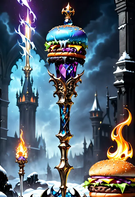 (8K, 16k, Award-winning, Highest quality, Highest resolution, Super detail, High detail, Anatomically correct, Masterpiece, Stunning beauty), Legendary scepter,The scepter has a burger on top，Scepter made of crystal and white gold，delicate craftsmanship , ...