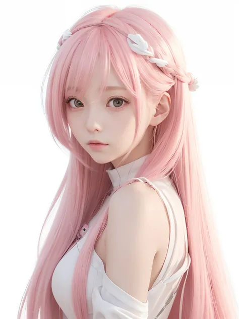 a close up of a woman with long pink hair wearing a white and pink outfit , realistic anime 3 d style, realistic young anime girl, stunning anime face potrait, photo realistic anime,anime realism style, kawaii realistic portrait, realistic anime artstyle, ...