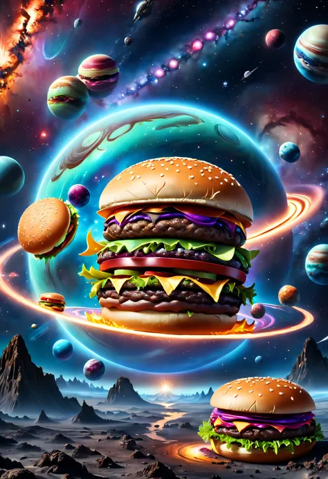 (Best quality,4K,8K,A high resolution,Masterpiece:1.2),Ultra-detailed,(Realistic,Photorealistic,photo-realistic:1.37),Hamburger shaped planet,A hamburger-like planet,Planet Hamburg,space backdrop,Planet in the shape of Hamburg,Hamburg-like planet,Planet Ha...