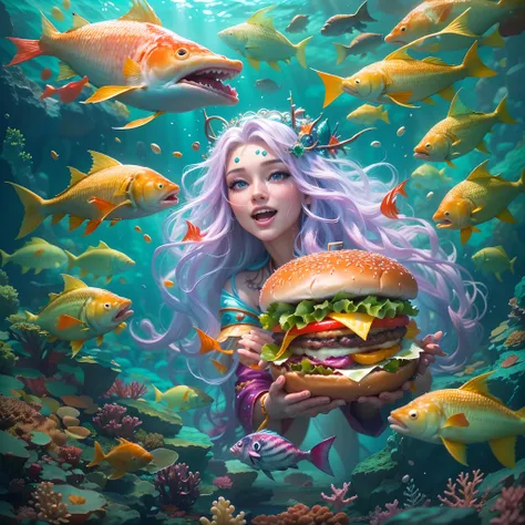 A hamburger in the center of the picture,Fish Princess,long whitr hair,Vivid colors,ears of elf,joyful expressions,Prepare to eat a juicy burger,Delicious food,Close-up shot。Being in the underwater world,the reef.((Realistic,Photorealistic,photo-realistic:...