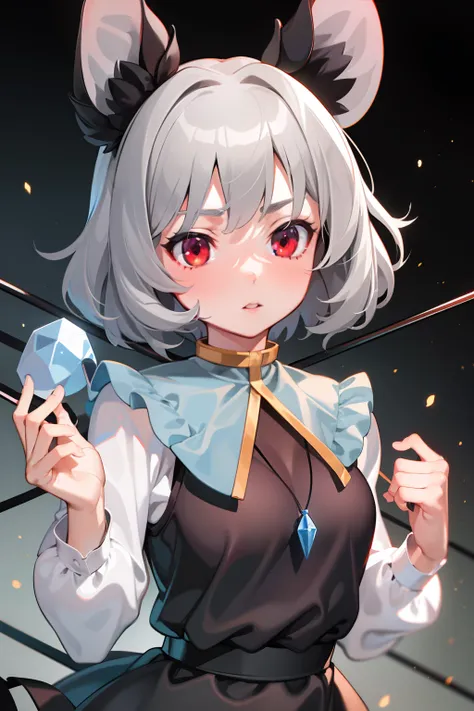 masterpiece, best quality, 1girl,nazrin,animal ears, grey hair,short hair,red eyes,pendant, capelet,mouse tail,black dress, dowsing rod, large breasts, upper body, 5 fingers, detailed face, detailed eyes, detailed hair