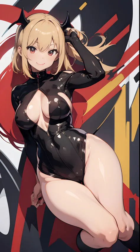 Anime style face　a blond　Black full body suit　Red lines all over the body　huge tit　Big ass　Whip thighs　bare-legged　seductiv　a smile　succubus　posterior view