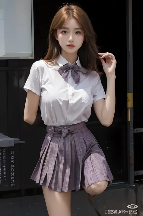 one-girl，Wearing tan hair，JK clothes，Purple skirt，There is no left leg，Pinch your hair，Huge breasts，The waist is extremely thin，There is no right hand