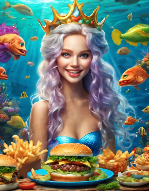 sportrait,Mermaid princess,long whitr hair,Vivid colors,ears of elf,joyful expressions,Prepare to eat a juicy burger,(The hamburger is in the center of the picture),Focus on burgers,Delicious food,Close-up shot。At the bottom of the sea,[Marine life],the re...