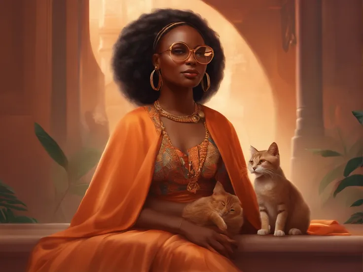 menina africana, a digital painting of a girl and a cat, a character portrait by Chinwe Chukwuogo-Roy, cg society contest winner, afrofuturism, 2d game art, artstation hd, storybook illustration.  com vestido laranja, bespectacled, imagem 3d