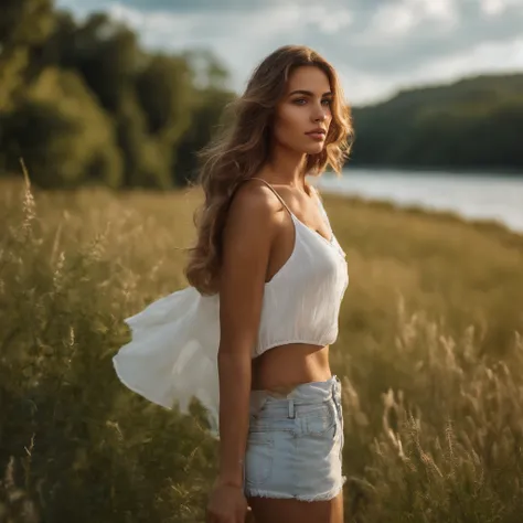 1Young European girl standing by the river on the grass, Trees can be seen in the distance, The girl is 23 years old, She has well-developed musculature, She has expressive dark gray eyes and a small mole on her cheek, The beauty of her European face is ac...