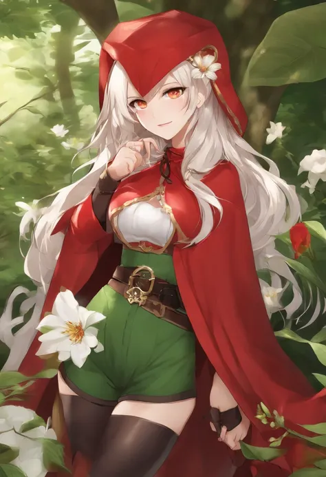 ((Redstones Beast Tamer、Wear a red cloak, Wearing a red hood, Fully round eyelids, White flower hair ornament, Green Bikini, Leather shorts, Belt bag, green colored eyes, Light brown long hair、Wavy Hair, Smaller chest:1.1)) , jrpg character art、(masutepiec...