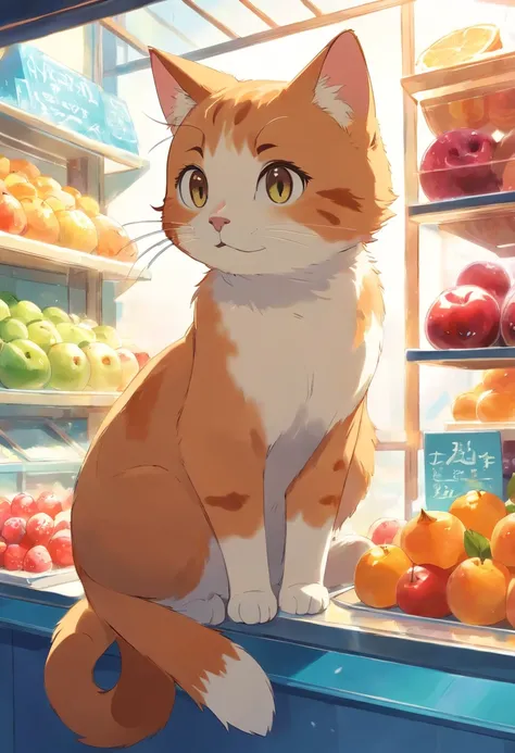 A round-eyed cute cat, At the Ice Fruit Shop , Sunlight outside the window.