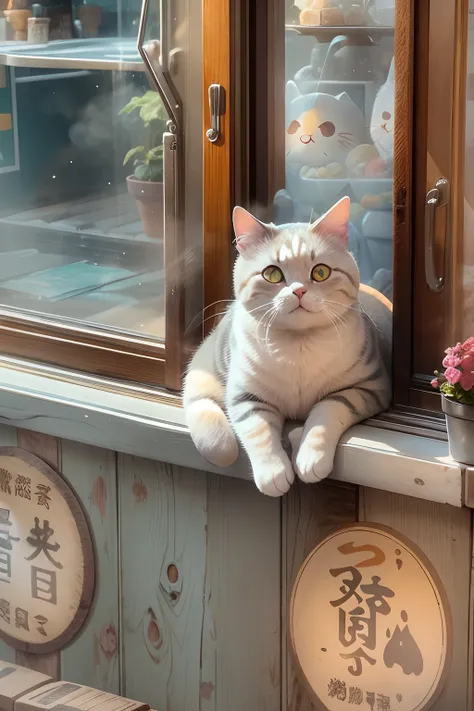 A round-eyed cute cat, At the Ice Fruit Shop , Sunlight outside the window.