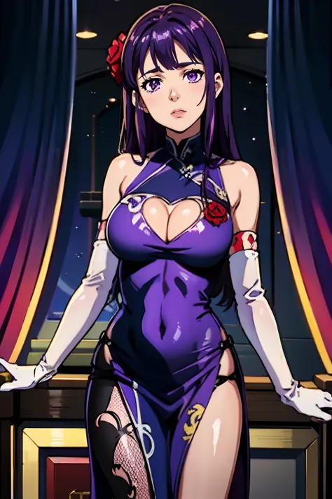 IvFE, purple hair, long hair, purple eyes, light purple china dress with heart cutout, long white elbow gloves