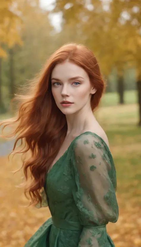 Masterpiece ultra realistic gorgeous redhead girl with gorgeous outfit, windy hair, very detailed green eyes, full body view walking in park in autumn, beautiful dress, 35mm 1.4, with beautiful light transparent dress