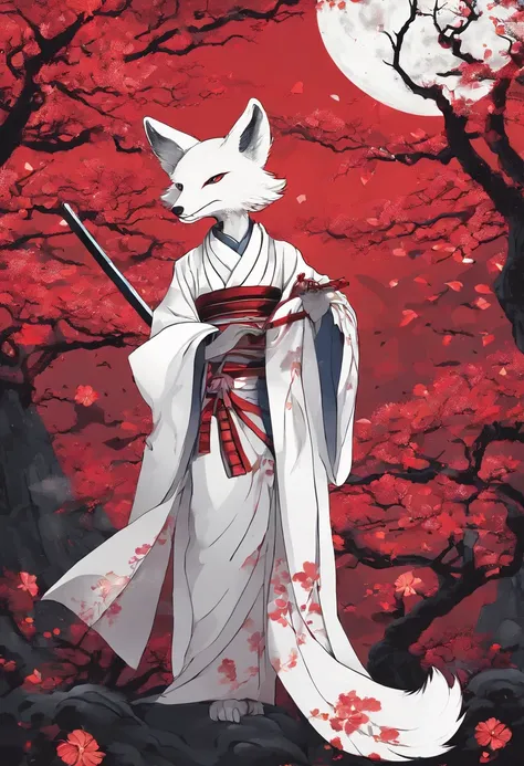 Man wearing a white haori kimono with a fox face holding a red snake-eye umbrella and a Japan sword。dead body、bloody、Return blood、trees、street、Moon Night、Red Moon 、horor、battleing、Strongest、color、amaryllis、cherry trees、dead body