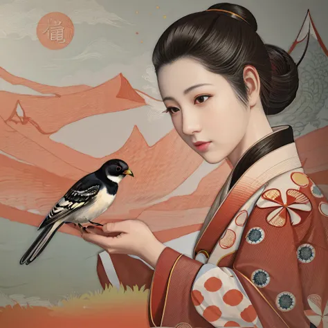 there is a woman, holding a bird in her hand, in style of digital illustration, inspired by Itō Shinsui, japanese art style, in the art style of ukiyo - e, japanese illustrator, a beautiful artwork illustration, stylized digital illustration, inspired by K...