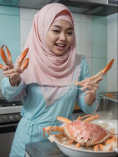 2 malay girl in pastel color hijab cooking very big king crab, wear pastel blue and white baju kurung, live moving king crab, shock, funny and clumsy situation, laughing, happy, messy kitchen, water in face and body, wet kitchen and cloth, detailed skin te...