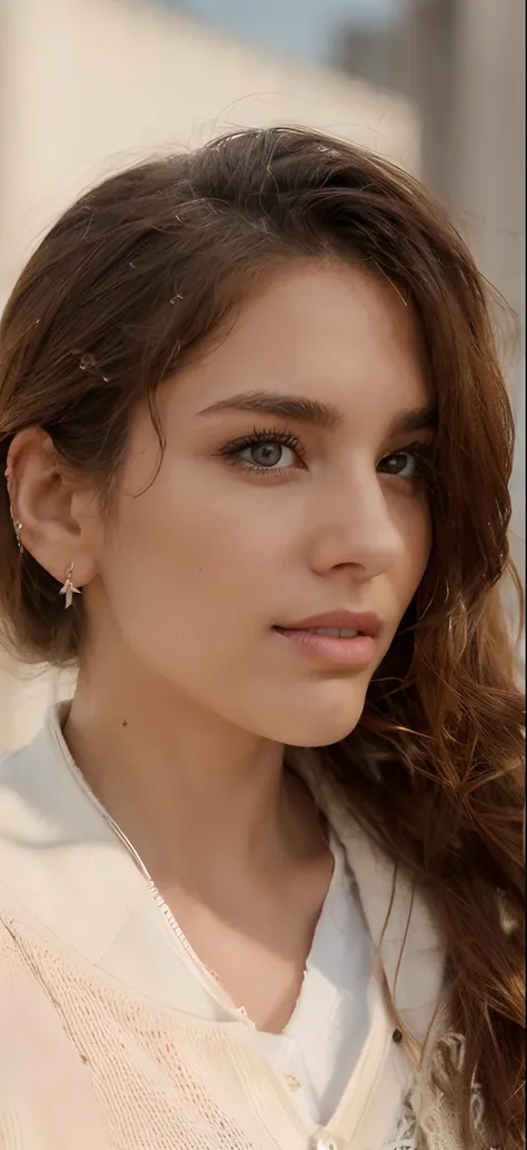 modelshoot style photo of a woman, hair to her shoulders, hair blowing in the wind, nose piercing, in a brown jacket and white sweater, is looking at the camera with a serious look on her face, ƒ/2.4, 7.9 mm, 1/850, ISO 50