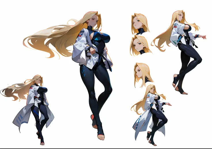 a girl wearing a swinsuit underneath karate robes, blonde hair, very long ponytail, several poses and expressions, ( ( character concept art ) ), character artwork, official character art, anime character design, blonde anime girl with long hair, cushart k...