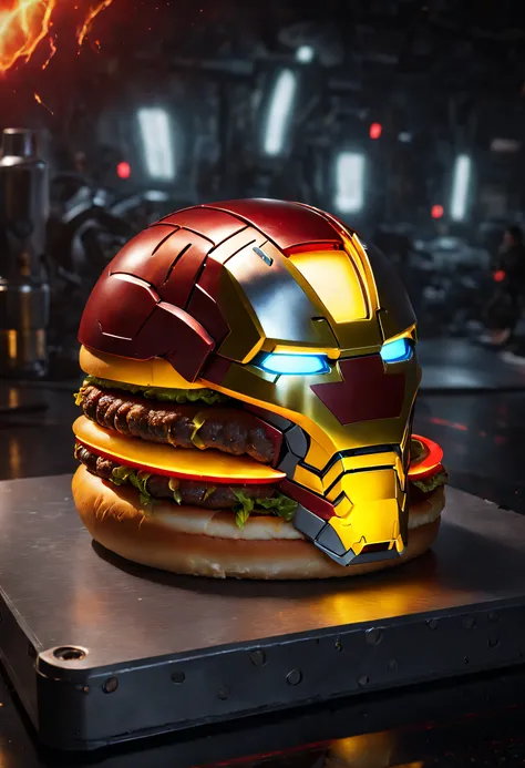 A delicious burger made from Iron Man armor, with a metallic-textured bun on top that features red and yellow LED lights, simulating the effect of Iron Mans armor. The bun is imprinted with the Iron Man mask, providing a stunning visual effect.