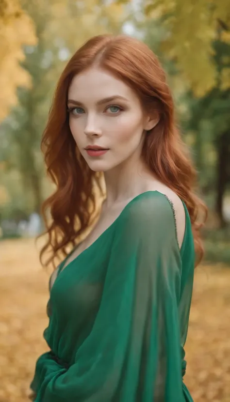 Ultra realistic masterpiece gorgeous n redhead girl with gorgeous outfit, cheveux venteux, Highly detailed green eyes, Full view of body walking in a park in autumn,  35mm 1.4, with a beautiful, light sheer dress