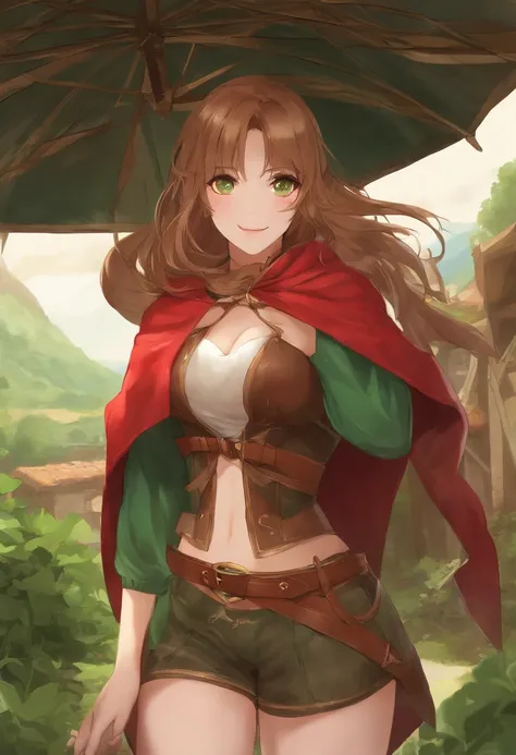 ((Beautiful teenage girl、Wear a red cloak, Wearing a red hood, Fully round eyelids, Green Bikini, Leather shorts, Belt bag, green colored eyes, Light brown long hair、Wavy Hair, resplendent smile、Smaller chest:1.1)) , jrpg character art、(masutepiece, Best Q...