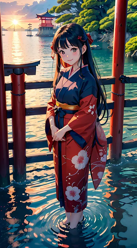 (Japan Beauty、shrine maiden、17 age、Beautuful Women:1.5、cute little、spotless)、(Torii gate on the sea、evening glow、shores)、(Write、a smile、Slightly red cheeks)、shrines