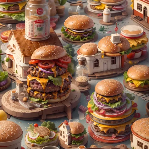 Best quality, 超高分辨率, (Photorealistic:1.4), (Hamburgers made from cabins: 1.5), The round roof is made of bread and onions, Tomates, lettuce, ketchup, Cheese splashes, Hamburg style, and other decorations, Fantasy world, In cute cartoon design style, pop ma...