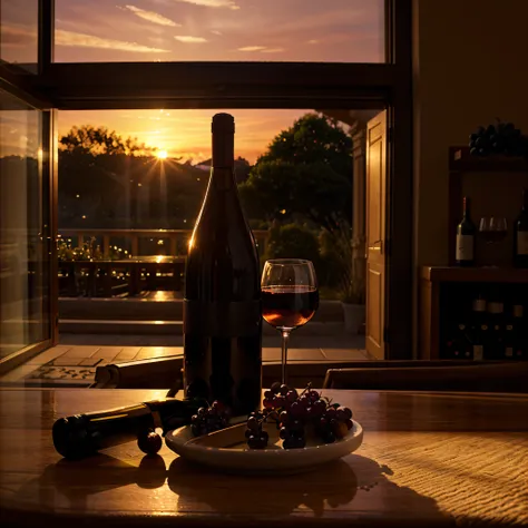 A bottle of wine accompanied by a nice glass with half full wine and beautiful grapes next to it with a wine cellar in the background, sunset light