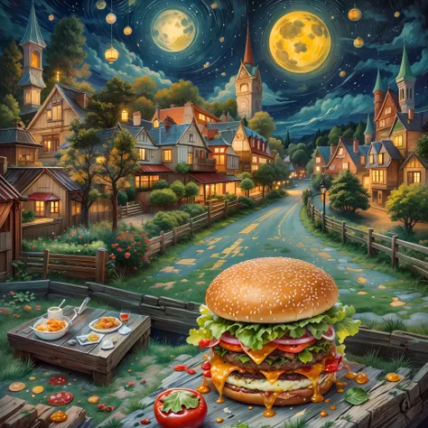 (tmasterpiece),（ultra - detailed：1.3），best qualtiy，（glittery:1.2），（dreamworld:1.4），(Van Gogh-style hamburger: 1.5),（The moon is empty），Delicious super burger，Tomates, lettuce, ketchup, Cheese splashes, Hamburg style, and other decorations, Fantasy world, C...