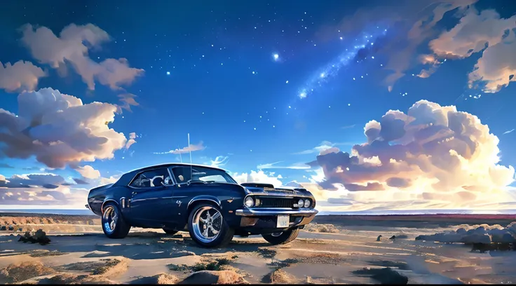 scenic view, Classic muscle car, galaxy background, galaxy sky, planetas aparecendo