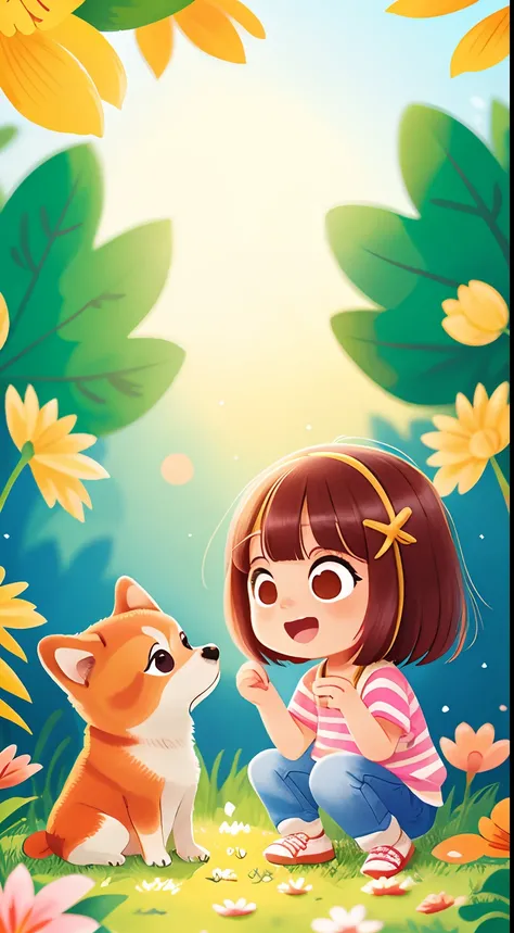 Girl playing with bean shiba dog，petting, Perfect quality, (masutepiece: 1.2)  (Bokeh background) (Best Quality) (Detailed skin: 1.3) (Intricate details) (8K) (Detail Eyes) (Sharp Focus), (cheerfulness), The best lighting, pastel color、Lively eyes、Bright g...