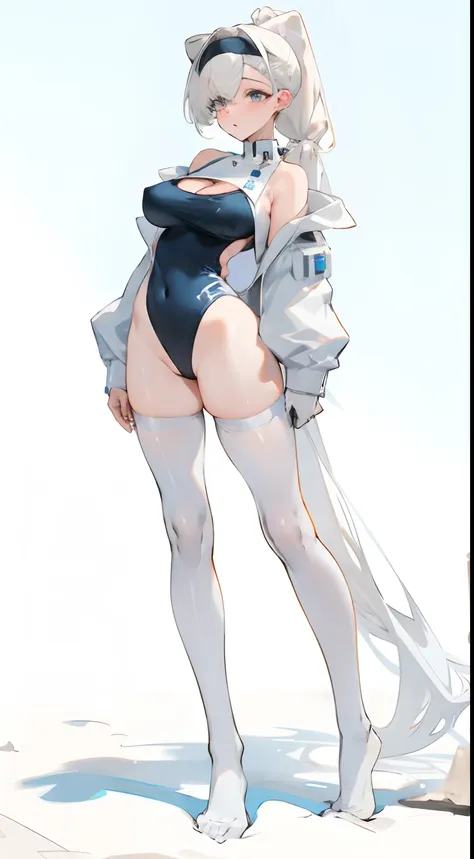 bigboobs，cropped shoulders，white knee-length stockings，white deep v one-piece swimsuit，high ponytail，stand up，no shoes on