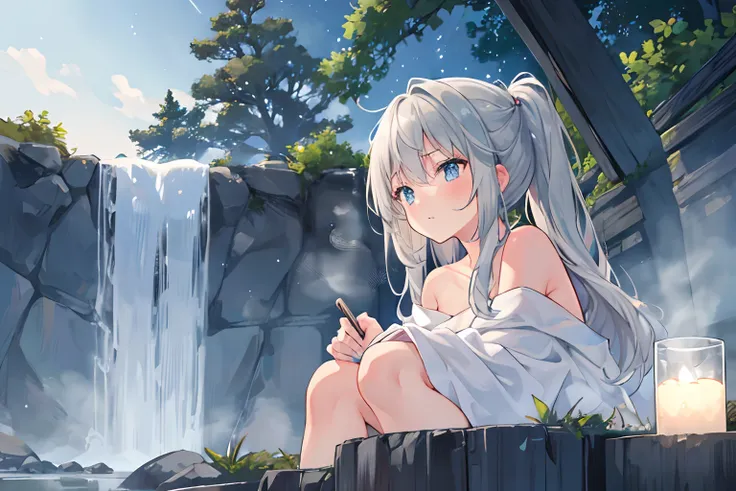 {high quality}, 1girl, gray hair, {bath towel}, {nature bath}, {hot spring}, {open air bath}, view from below, {steam}, {stars shining}, tree behind, rock behind,