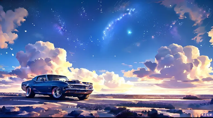 scenic view, Classic muscle car, galaxy background, galaxy sky, planetas aparecendo