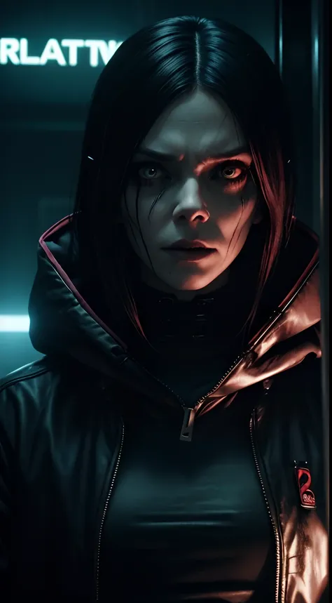 a picture of a person with a creepy look on their face, intimidating woman, trending on deviant art, cursed imagery, cursed image, spooky netflix still shot, cyberpunk ads, screenshot from morbius (2022), dystopian feel, very very creepy, unusual, cinemati...