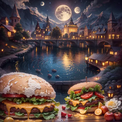 (tmasterpiece),（ultra - detailed：1.3），best qualtiy，（glittery:1.2），（dreamworld:1.4），(Van Gogh-style fruit burger: 1.5),（The moon is empty），Delicious superfruit burger，Tomates, lettuce, ketchup, Cheese splashes, Hamburg style, and other decorations, Fantasy ...