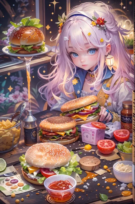 (tmasterpiece),（ultra - detailed：1.3），best qualtiy，（glittery:1.2），（dreamworld:1.4），(Van Gogh-style fruit burger: 1.5),（The moon is empty），Delicious superfruit burger，Tomates, lettuce, ketchup, Cheese splashes, Hamburg style, and other decorations, Fantasy ...