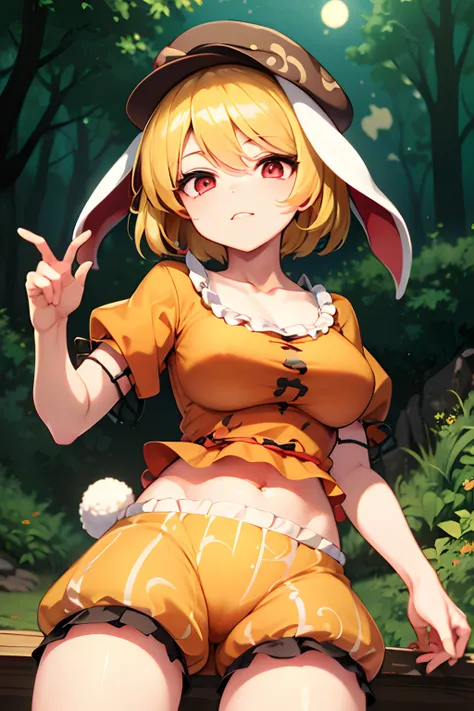 ringo (touhou), blonde hair, short hair, cabbie hat, orange shirt, navel, rabbit ears, red eyes, collarbone, frilled dress, yellow shorts, large breasts, detailed face, detailed eyes, detailed hair, ((masterpiece, best quality))