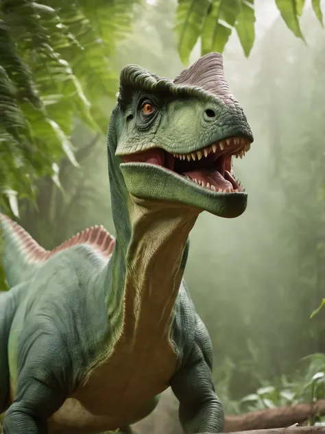 Create a fearsome green-colored tyrant rex dinosaur with crisp scales and fiery eyes, lush jungle backdrop with giant prehistoric plants, an atmosphere shrouded in morning fog, Digital illustration, detailed brush, --ar 16:9 --v 5