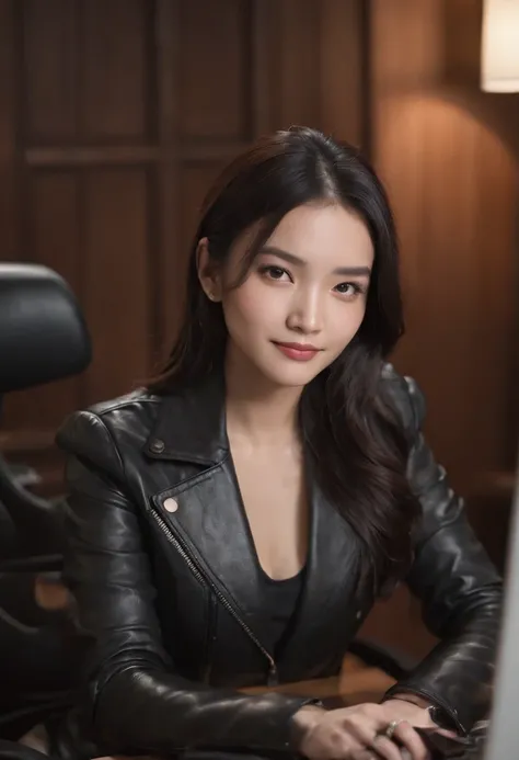 Wearing black leather gloves in both hands, upper body, black leather riders jacket, facing the desk in the modern study in the dark, looking down, smiling, long, straight black hair, young Japanese woman (black leather gloves covering both hands) Sitting ...